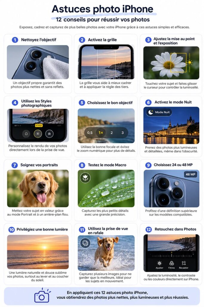 Infographie présentant 12 astuces photo iPhone pour réussir ses photos