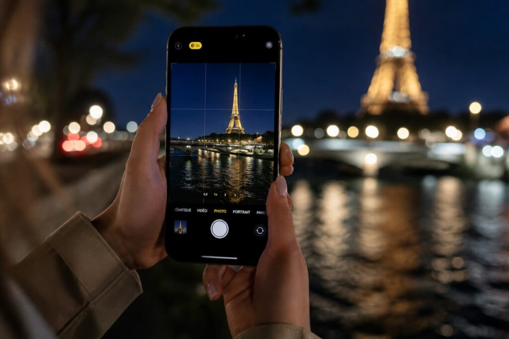 Personne prenant une photo de nuit avec un iPhone en mode Nuit