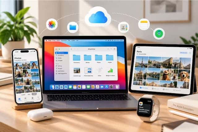 Écosystème Apple avec iPhone, MacBook, iPad et Apple Watch connectés à iCloud