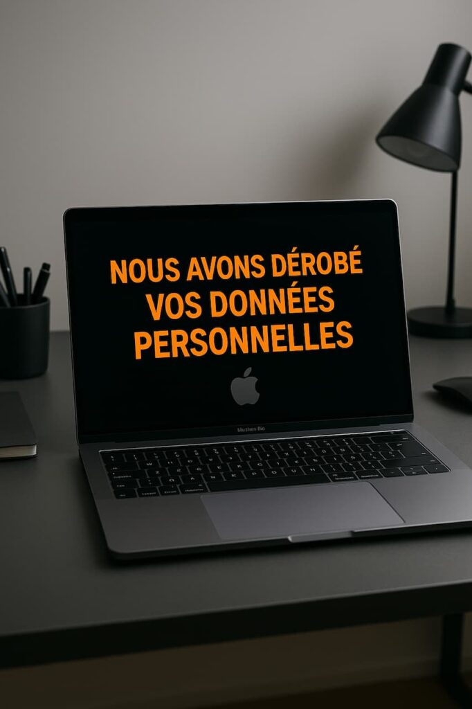 MacBook Pro sur un bureau affichant un message en orange : « Nous avons dérobé vos données personnelles »