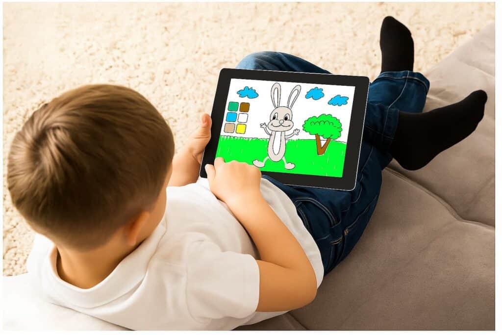 Jeune garçon utilisant une tablette pour colorier une image de dessin animé