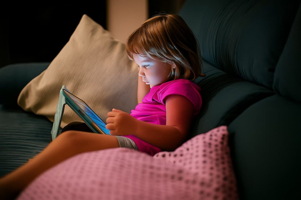 Petite fille concentrée sur sa tablette, illustrant l’usage numérique chez les jeunes enfants