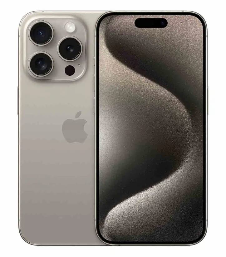 iPhone 15 Pro reconditionné en finition titane naturel, vu de face et de dos.
