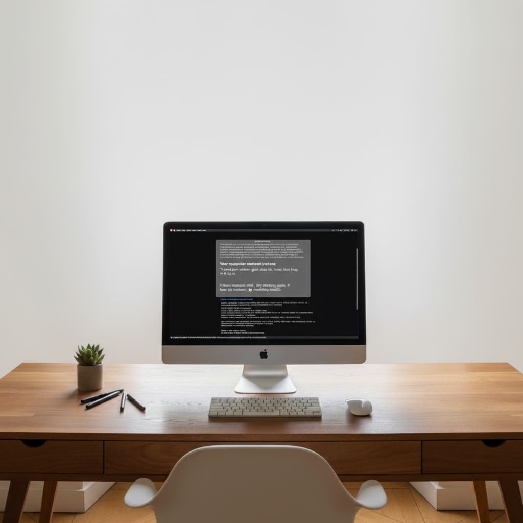 Écran iMac affichant un kernel panic macOS sur un bureau en bois, exemple de panne système