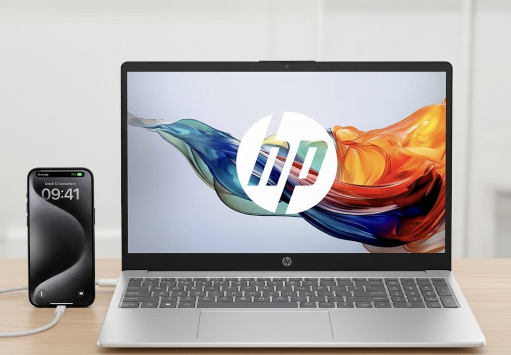 iPhone connecté par câble à un ordinateur portable HP pour transférer des photos vers un PC