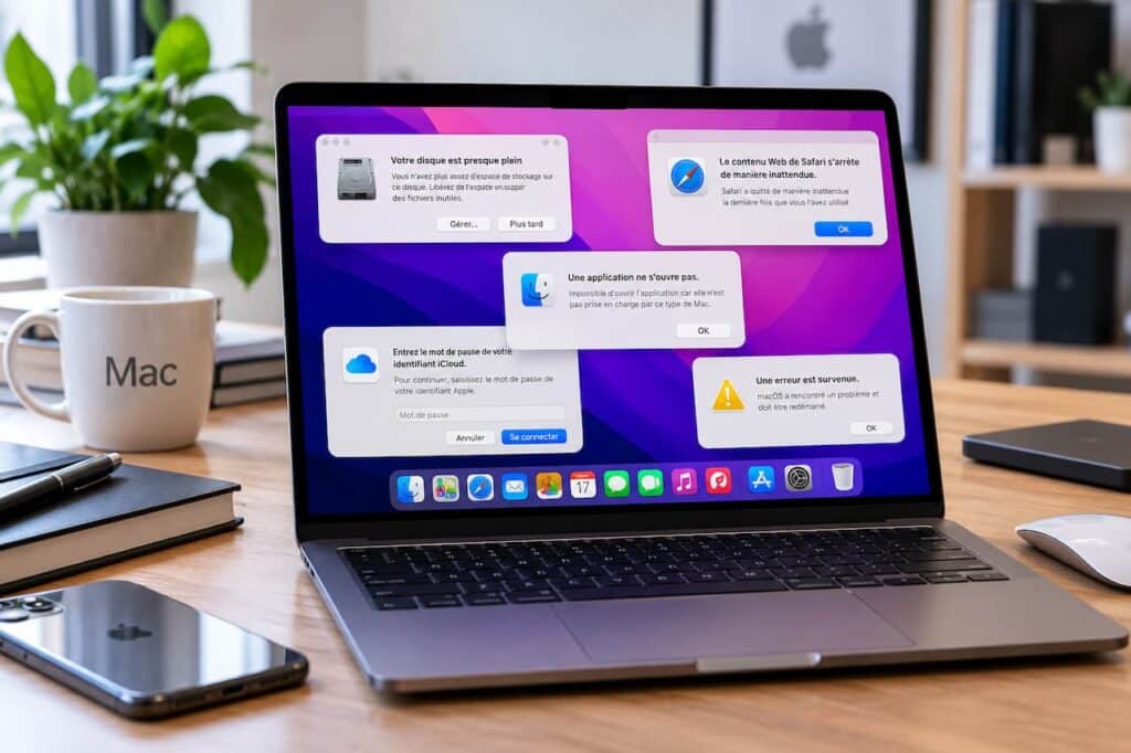 Exemples de messages d’erreur macOS sur un MacBook, notamment une application incompatible et un problème de stockage.