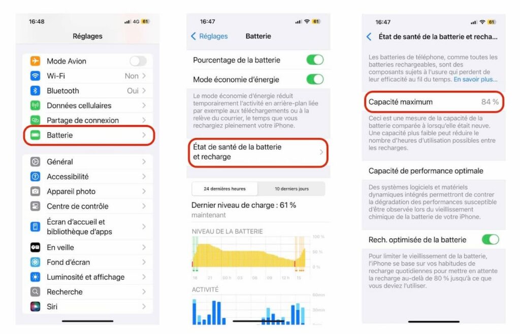 Capture d’écran montrant comment vérifier l’état de santé de la batterie sur iPhone via les réglages, étape essentielle pour un iPhone reconditionné fiable.