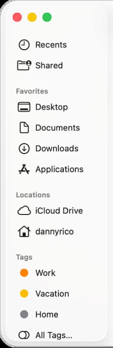 Barre latérale du Finder sur macOS montrant Documents, Applications, Téléchargements et iCloud Drive pour organiser ses fichiers