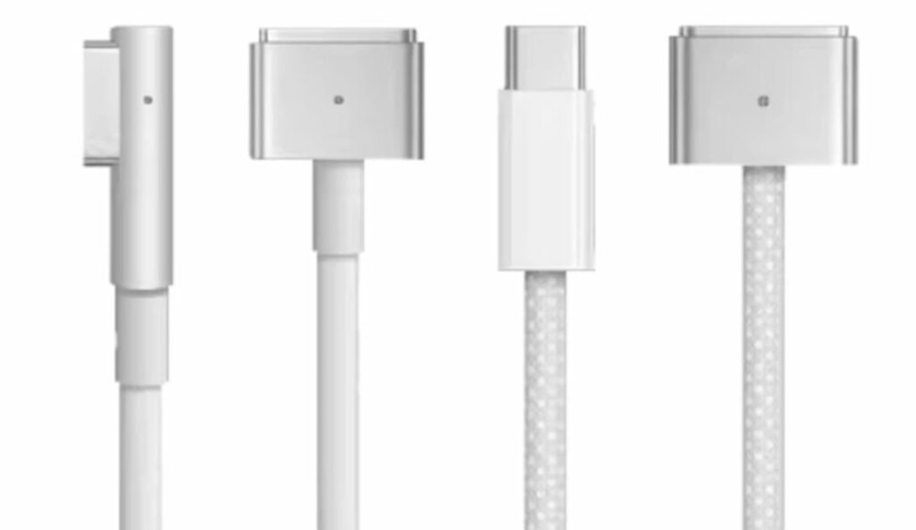 Trois connecteurs MagSafe et un connecteur USB-C pour MacBook, montrant les différences de conception