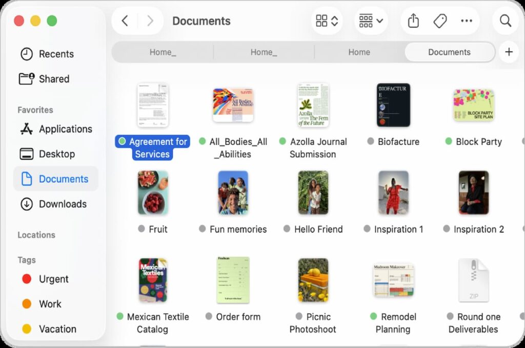 Interface du Finder sur Mac montrant l’organisation des fichiers et dossiers dans Documents, alternative à l’Explorateur Windows