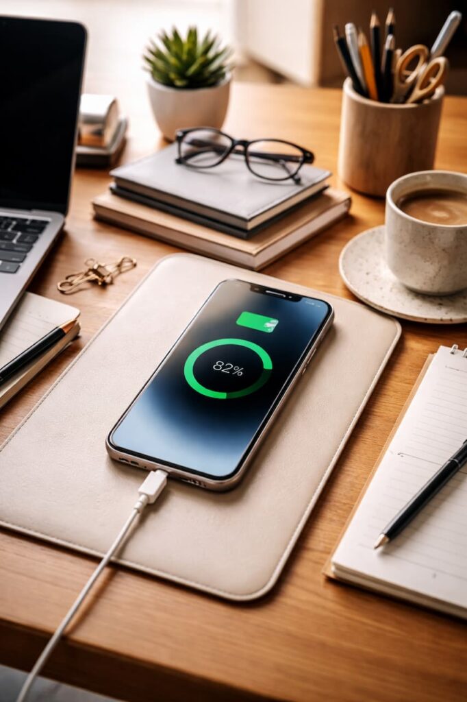 iPhone 15 Pro en cours de charge affichant 82 % de batterie sur un bureau avec ordinateur portable et carnet
