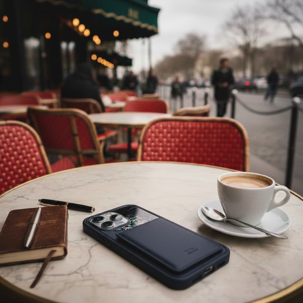 iPhone 15 Pro posé sur une table en marbre de café en terrasse avec tasse de café et carnet
