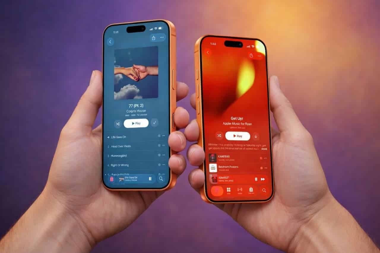 Deux iPhones affichant la nouvelle interface Apple Music sur iOS 26.4 avec fond coloré assorti à la pochette de l'album