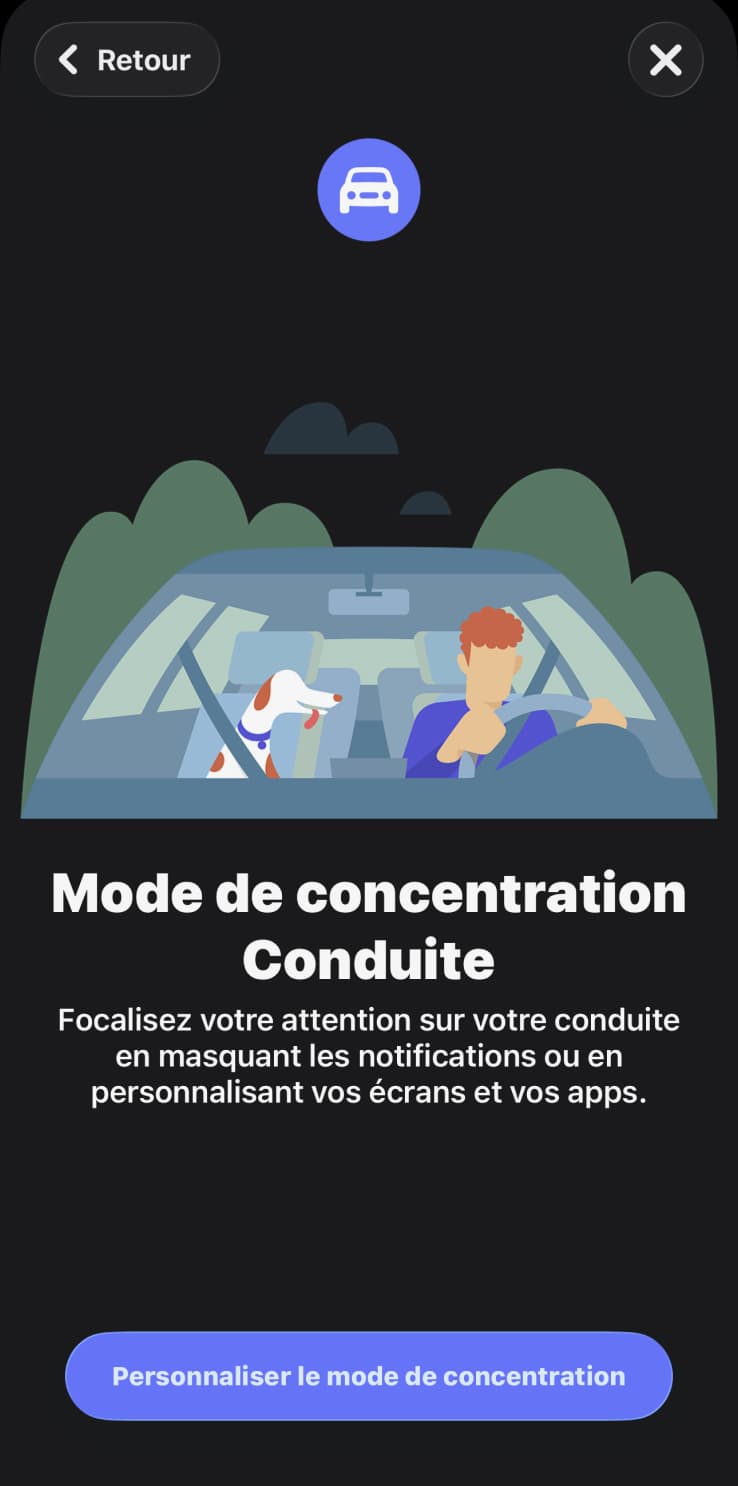 Mode Concentration Conduite iPhone : masquer notifications et personnaliser applications au volant