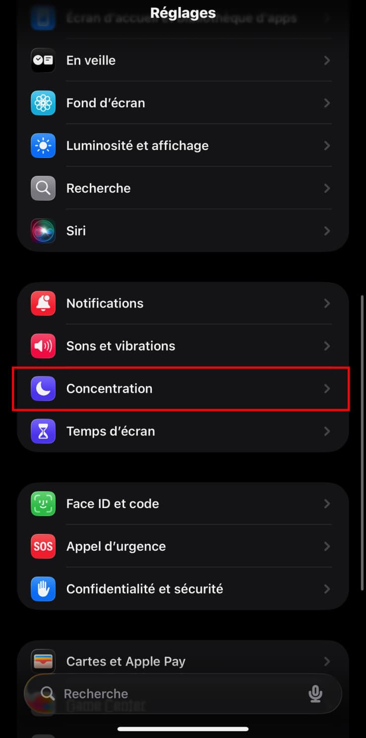 Mode Concentration iPhone dans les réglages iOS entre Notifications et Temps d'écran