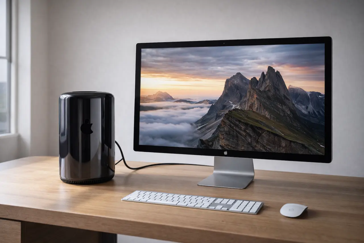 Mac Pro cylindrique 2013 avec écran Thunderbolt 27 pouces dans un bureau minimaliste — McPrice Paris