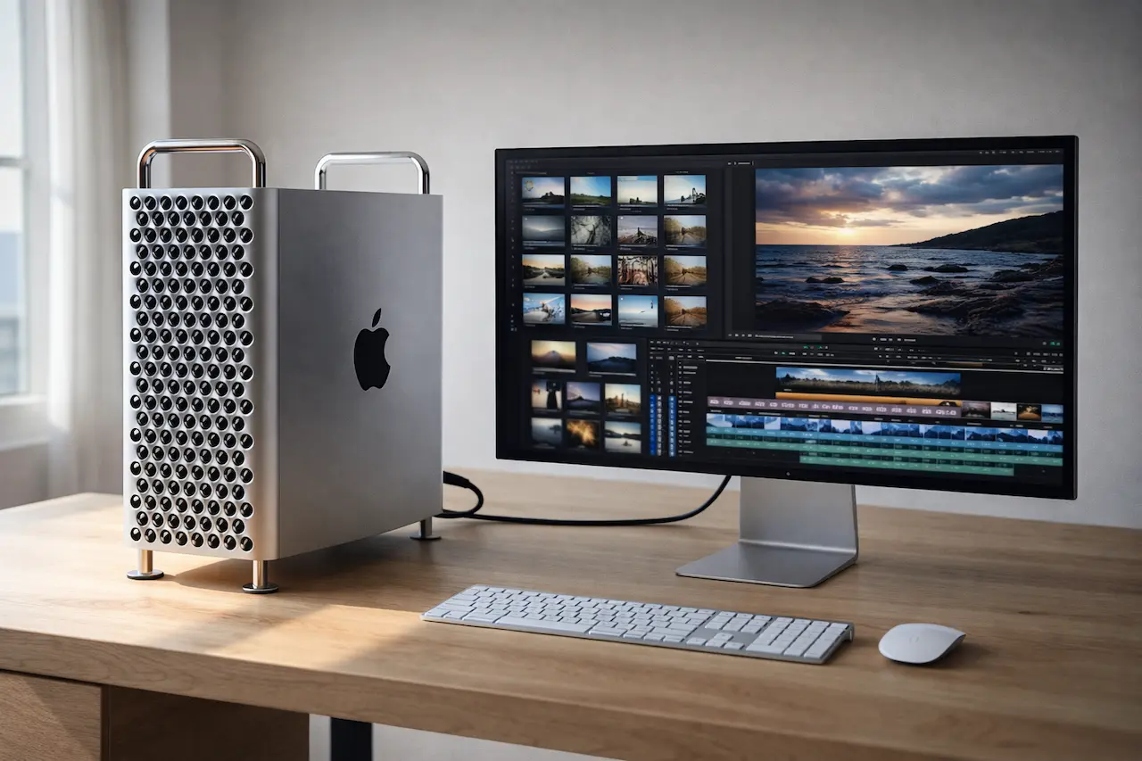 Mac Pro 2019 posé sur un bureau en bois avec un Apple Studio Display affichant une timeline de montage vidéo