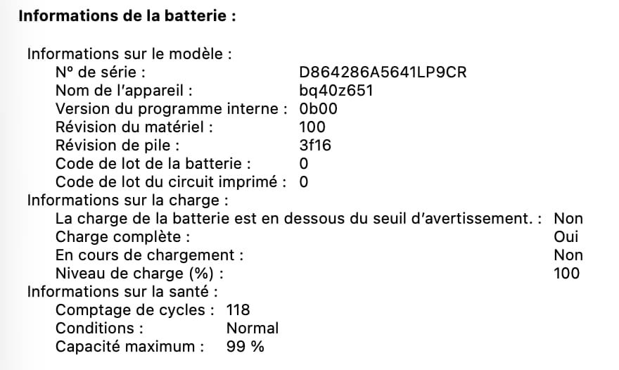 Capture d'écran du Rapport système macOS affichant les informations de batterie : comptage de cycles à 118, conditions Normal et capacité maximum à 99%