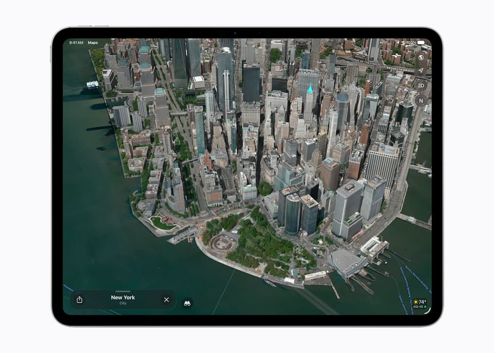 Apple Maps Flyover sur iPad avec iOS 27 affichant une vue 3D aérienne de New York et Manhattan