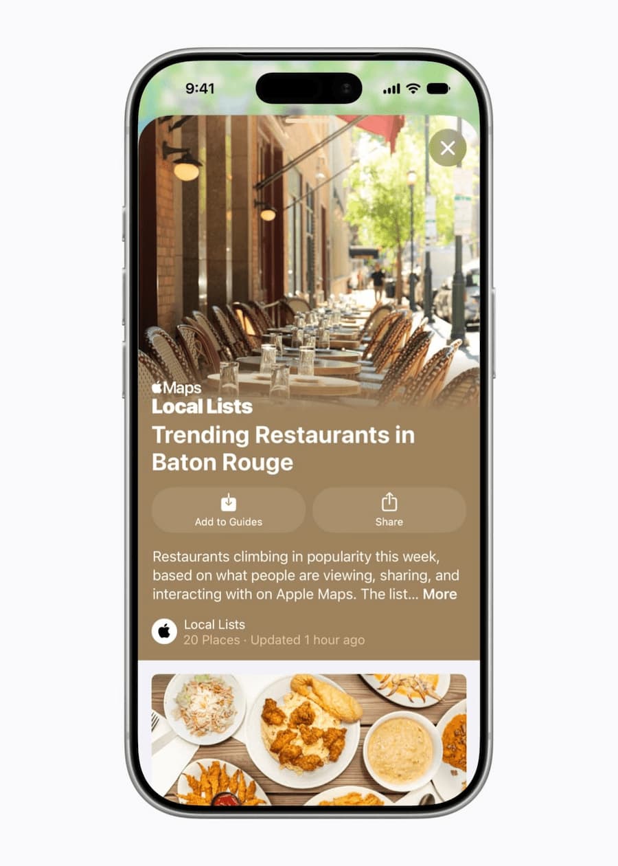 iPhone affichant la fonctionnalité Local Lists d’Apple Maps sous iOS 27 avec une liste de restaurants tendance