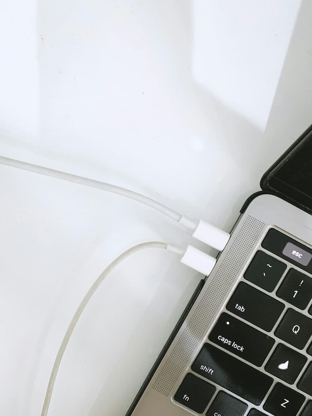 Deux câbles USB-C branchés sur les ports d'un MacBook Pro argenté, sur fond blanc