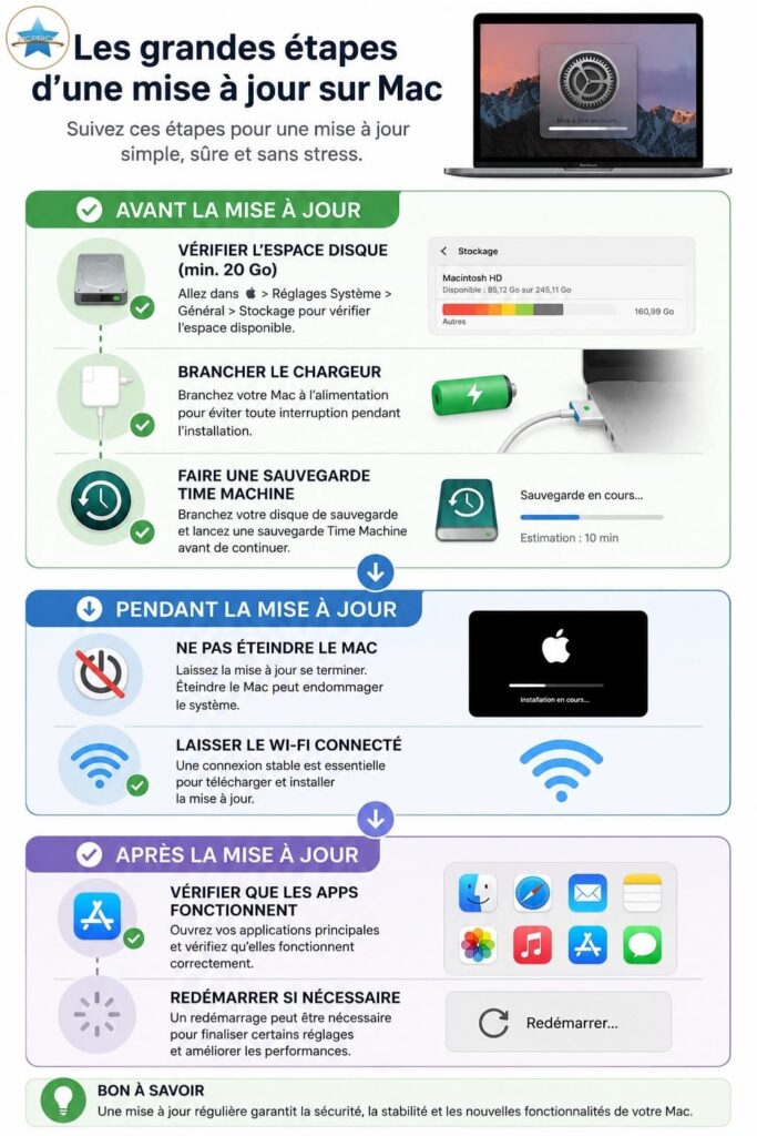 Infographie expliquant les étapes essentielles pour réussir une mise à jour sur un ordinateur Mac : sauvegarde, stockage, installation et vérifications.