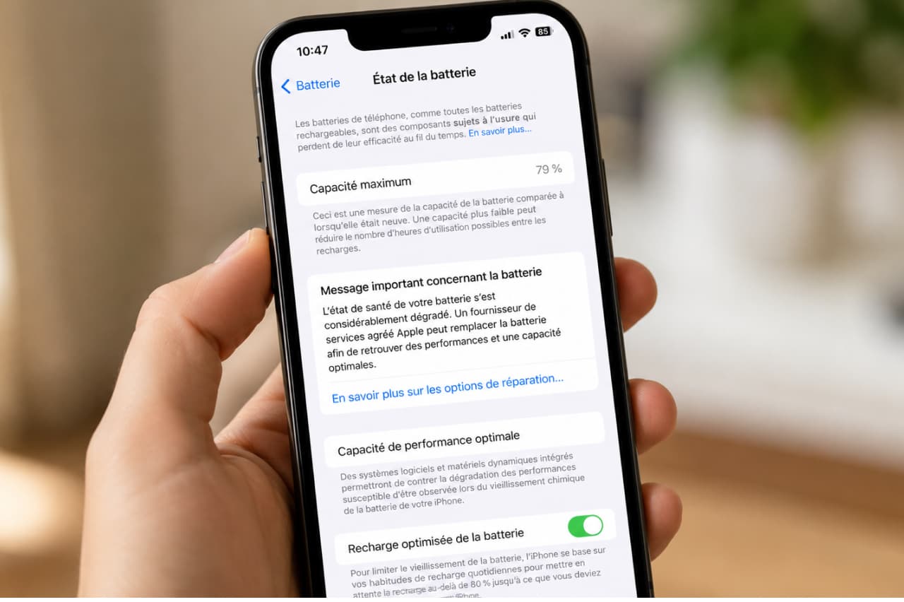 Main tenant un iPhone affichant l’écran état de la batterie à 79% avec message d’alerte de remplacement pour la checklist rentrée Apple 2026