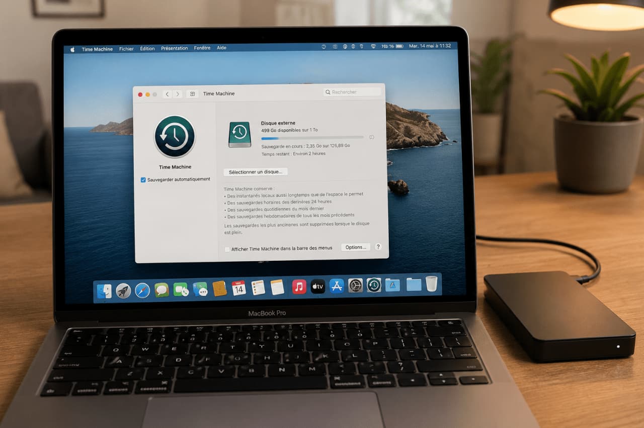 MacBook Pro affichant Time Machine en cours de sauvegarde sur un disque dur externe posé sur un bureau en bois