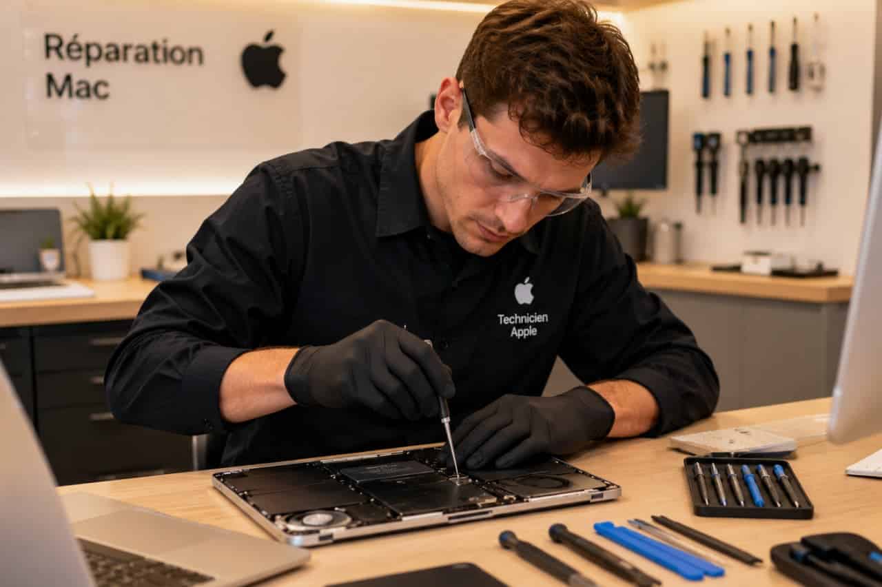 Technicien Apple McPrice réparant un MacBook ouvert dans l’atelier de réparation Mac à Paris avant la rentrée Apple 2026