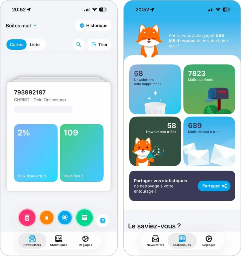 Interface de Cleanfox sur iPhone pour supprimer les newsletters, spams et e-mails inutiles