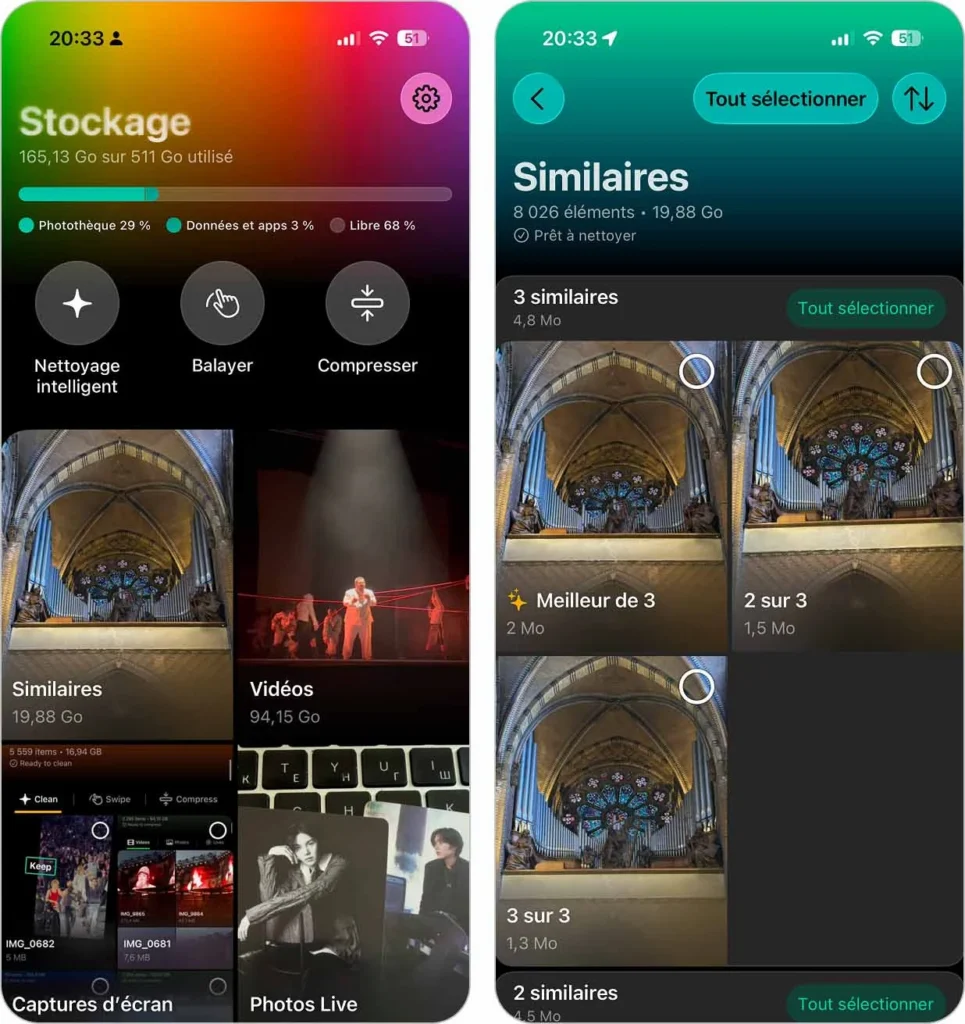 Interface de Clever Cleaner – AI Nettoyage sur iPhone pour détecter et supprimer les photos similaires