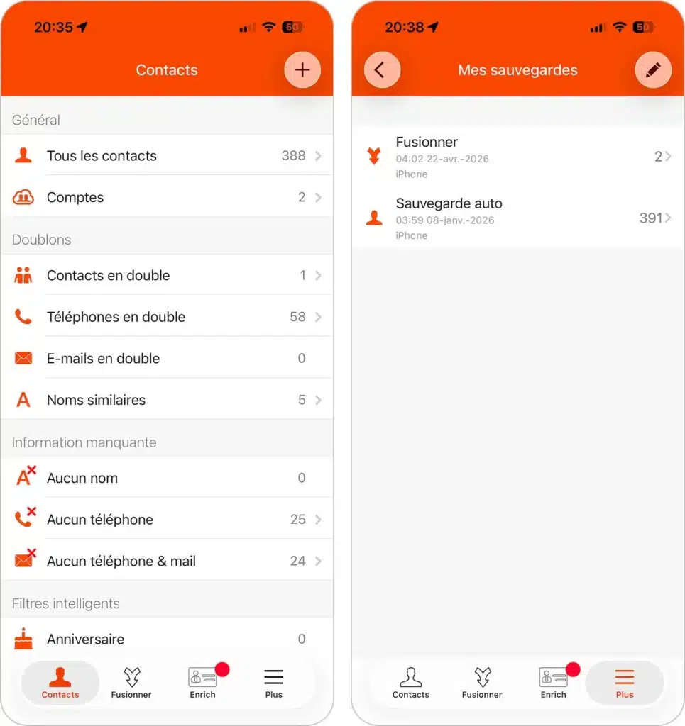 Interface d’Easy Cleaner sur iPhone pour détecter, fusionner et supprimer les contacts en double