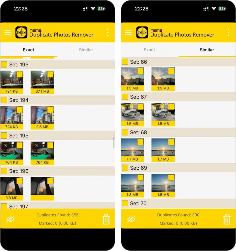 Interface de Remo Duplicate Photos Remover sur iPhone pour détecter les photos en double et similaires