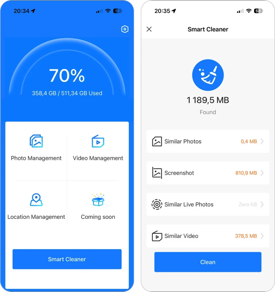 Interface de Smart Cleaner sur iPhone pour détecter les photos, vidéos et captures d’écran à supprimer